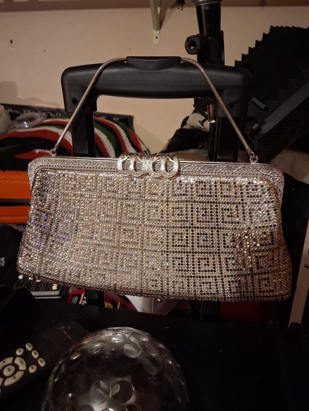 Crystal-Embellished Evening Clutch Handbag - Silver